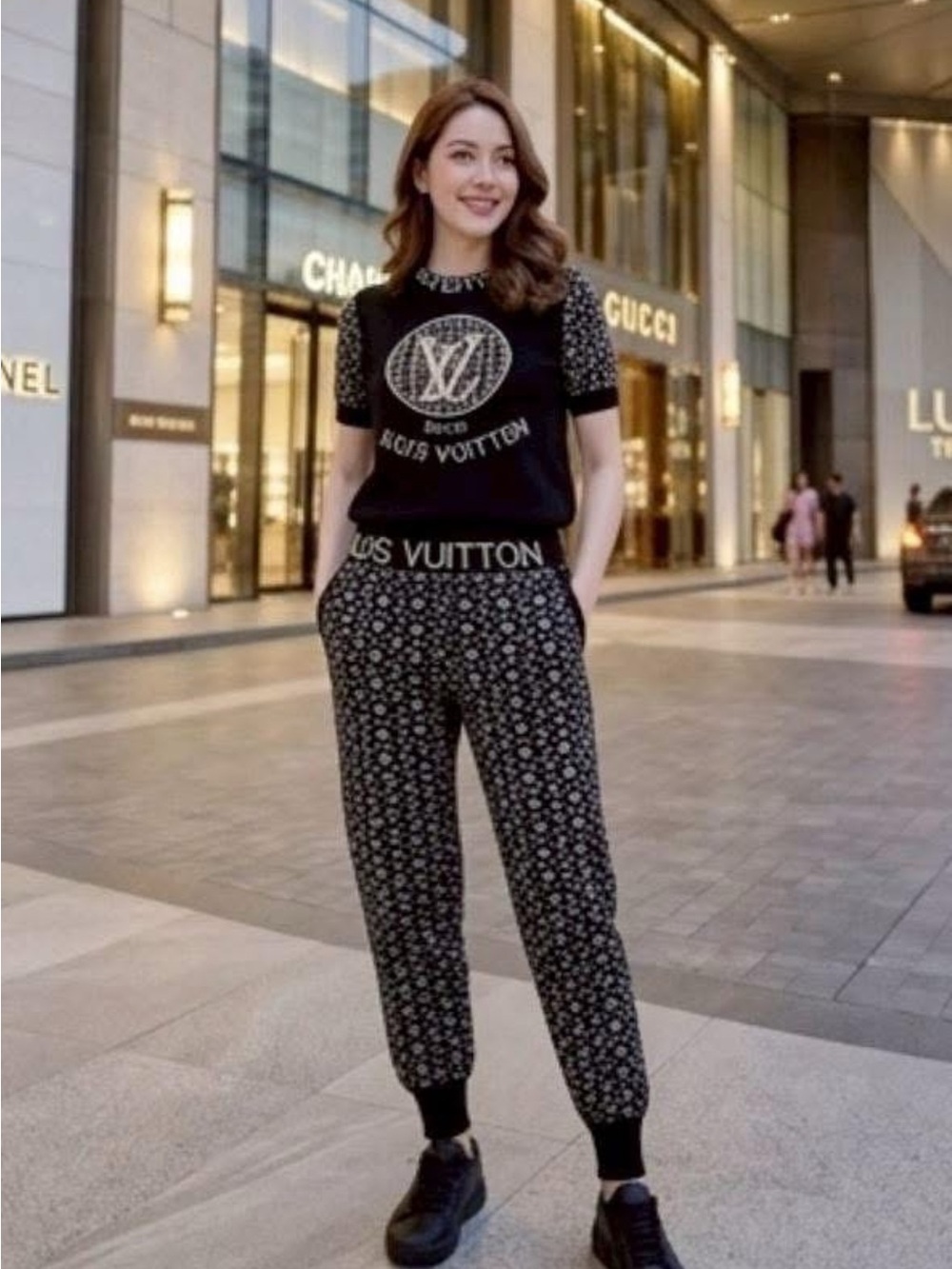 Black Monogram Knit Jogger Set - Women's Pants & Top